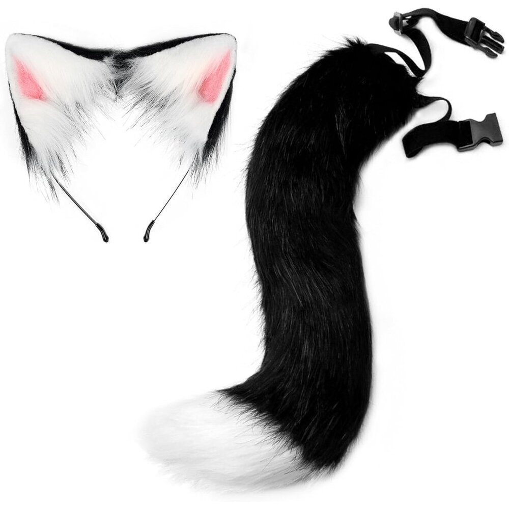 🆕 Halloween Black Faux Fur Cat Fox Ears Headband Wolf Tail Party Costume Adult